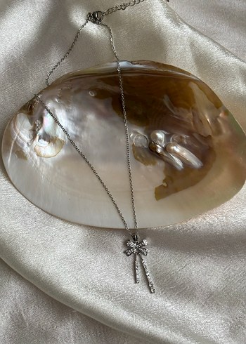 Gümüş Parlak Fiyonk Kurdele Detaylı Midi Çelik Kolye - Görsel 2