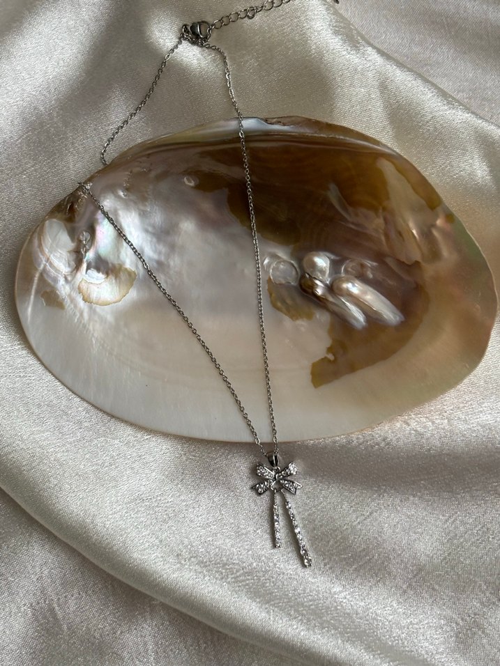 Gümüş Parlak Fiyonk Kurdele Detaylı Midi Çelik Kolye - Görsel 2