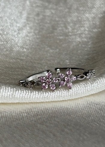 Pembe İşlemeli Taşlı Çiçek Pinterest Çelik Gümüş Yüzük - Görsel 2