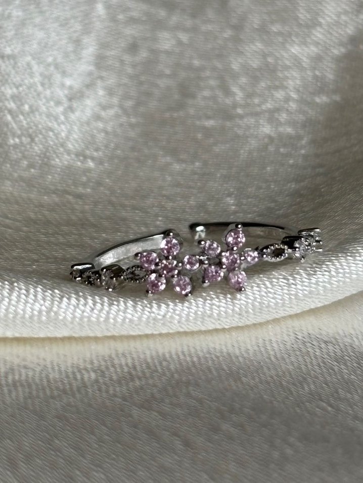 Pembe İşlemeli Taşlı Çiçek Pinterest Çelik Gümüş Yüzük - Görsel 2