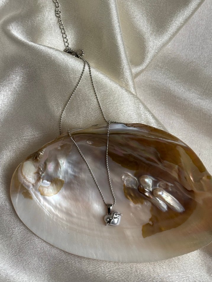 Beyaz Gümüş Kalp Kurdele Midi Çelik Kolye - Görsel 2