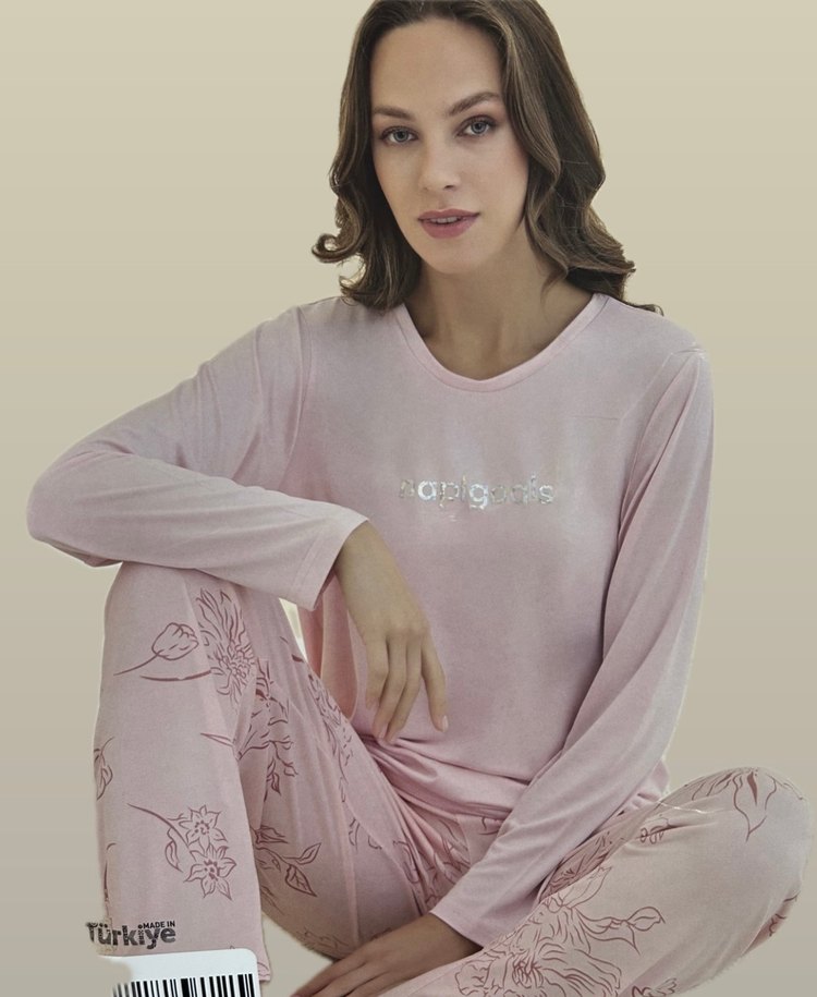 Pembe Uzun Kollu Kadın Pijama Takımı - Görsel 3