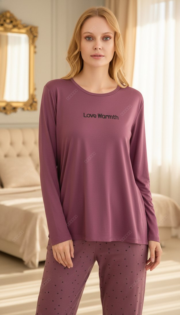 Mor Uzun Kollu Rahat Kadın Pijama Takımı - Görsel 3