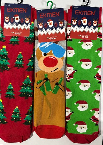 Yeni yıl, yılbaşı desenli soket çoraplar 3 adet - Görsel 2