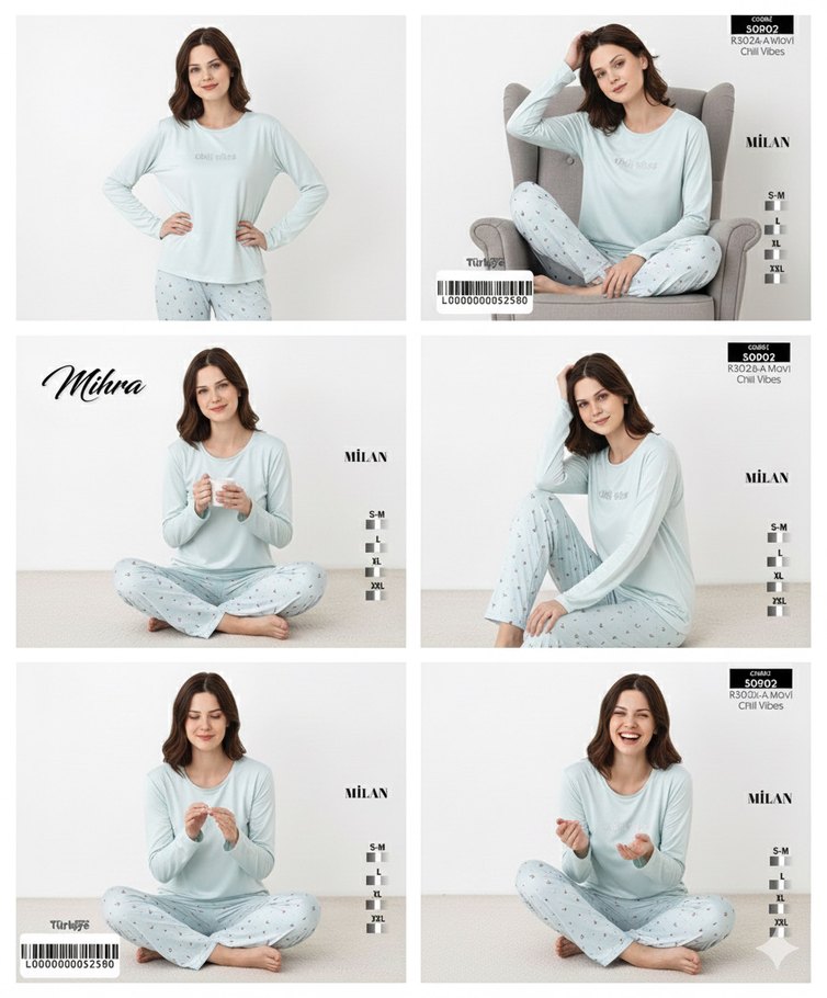 Açık Mavi Uzun Kollu Rahat Kadın Pijama Takımı - Görsel 3