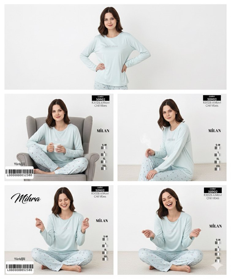 Açık Mavi Uzun Kollu Rahat Kadın Pijama Takımı - Görsel 2