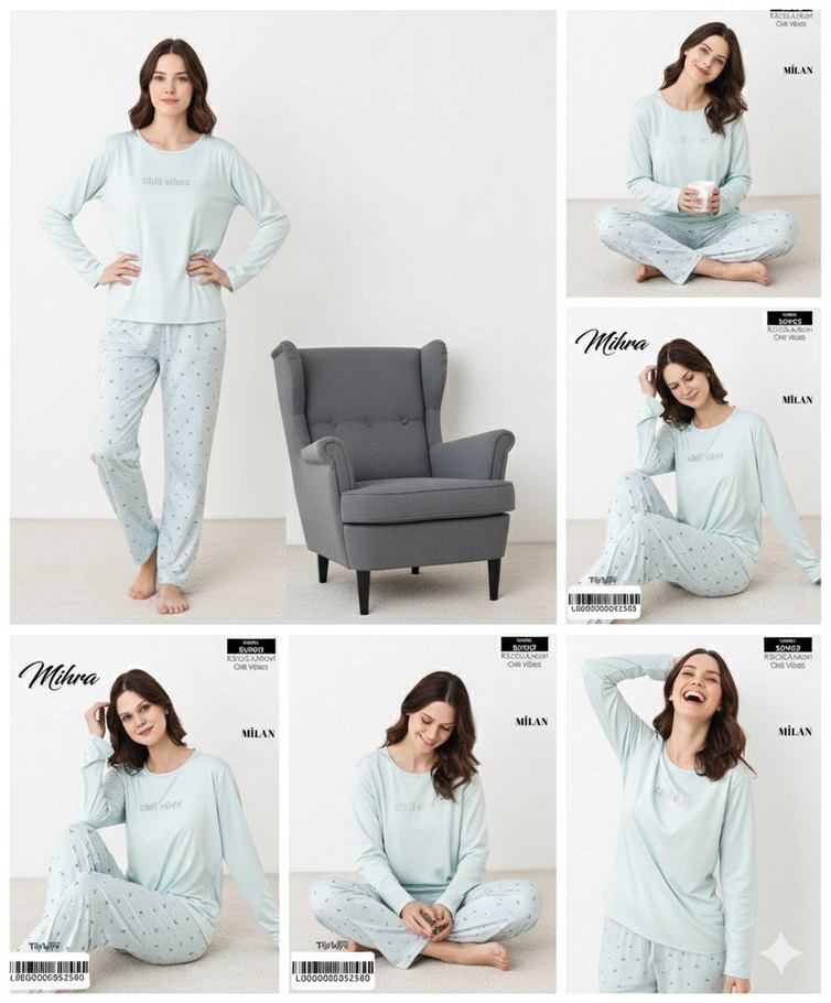 Açık Mavi Uzun Kollu Rahat Kadın Pijama Takımı - Görsel 4