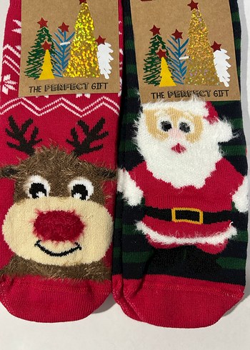 Yeni yıl, yılbaşı desenli kırmızı havlu çocuk çorap 2 adet - Görsel 2