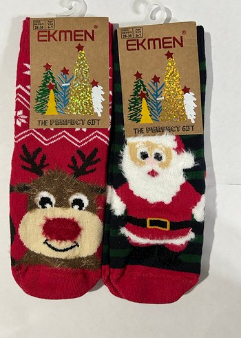 Yeni yıl, yılbaşı desenli kırmızı havlu çocuk çorap 2 adet - Görsel 3