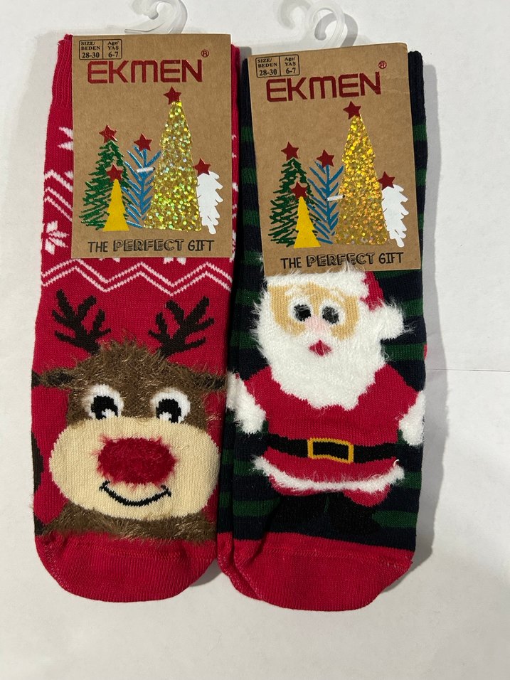 Yeni yıl, yılbaşı desenli kırmızı havlu çocuk çorap 2 adet - Görsel 3