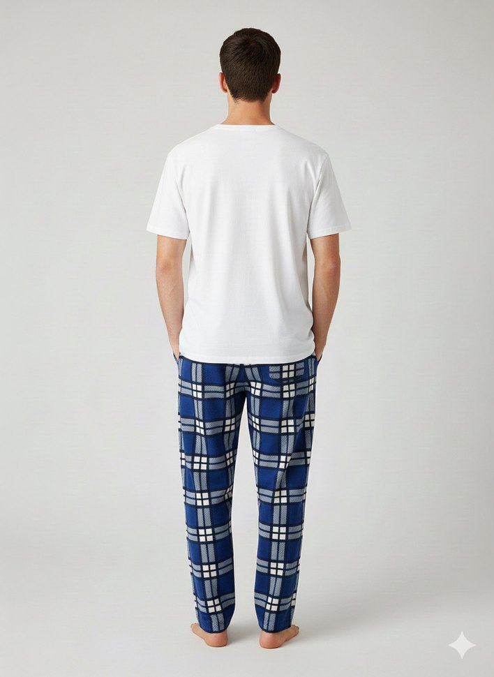 Erkek cepli süet mavi kareli ekose pijama altı - Görsel 2