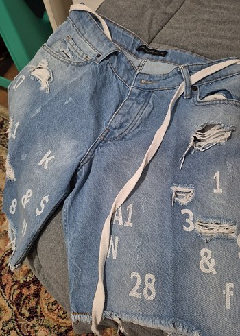 Diğer Erkek Acik Mavi Yirtik Denim Sort