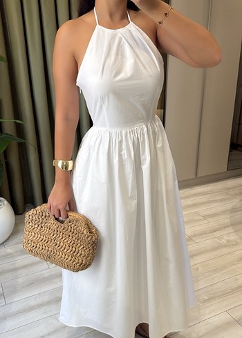 Mango Beyaz Uzun Askılı Poplin İthal Elbise