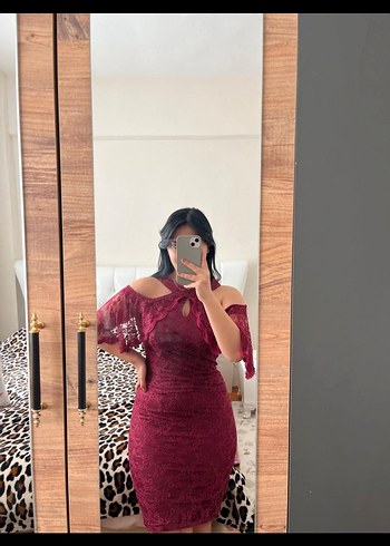 Bordo Straplez Dantel Midi Elbise - Görsel 2