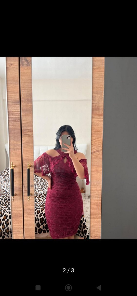 Bordo Straplez Dantel Midi Elbise - Görsel 2