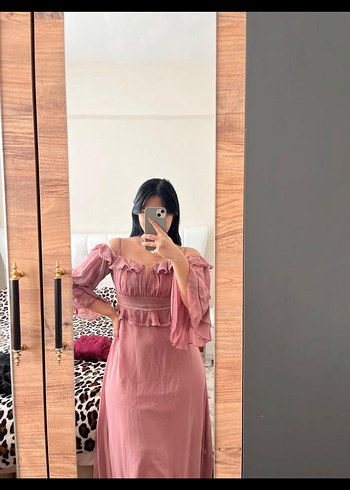 Pembe Bohem Uzun Elbise, Omuz Askılı, Fırfırlı - Görsel 2