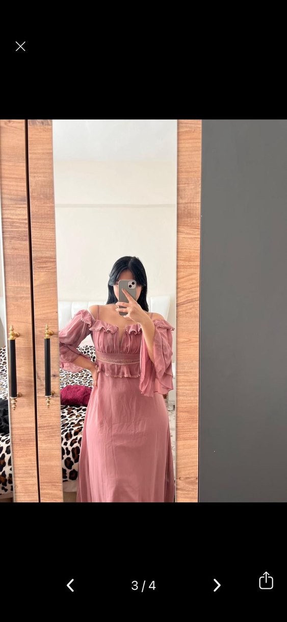 Pembe Bohem Uzun Elbise, Omuz Askılı, Fırfırlı - Görsel 2