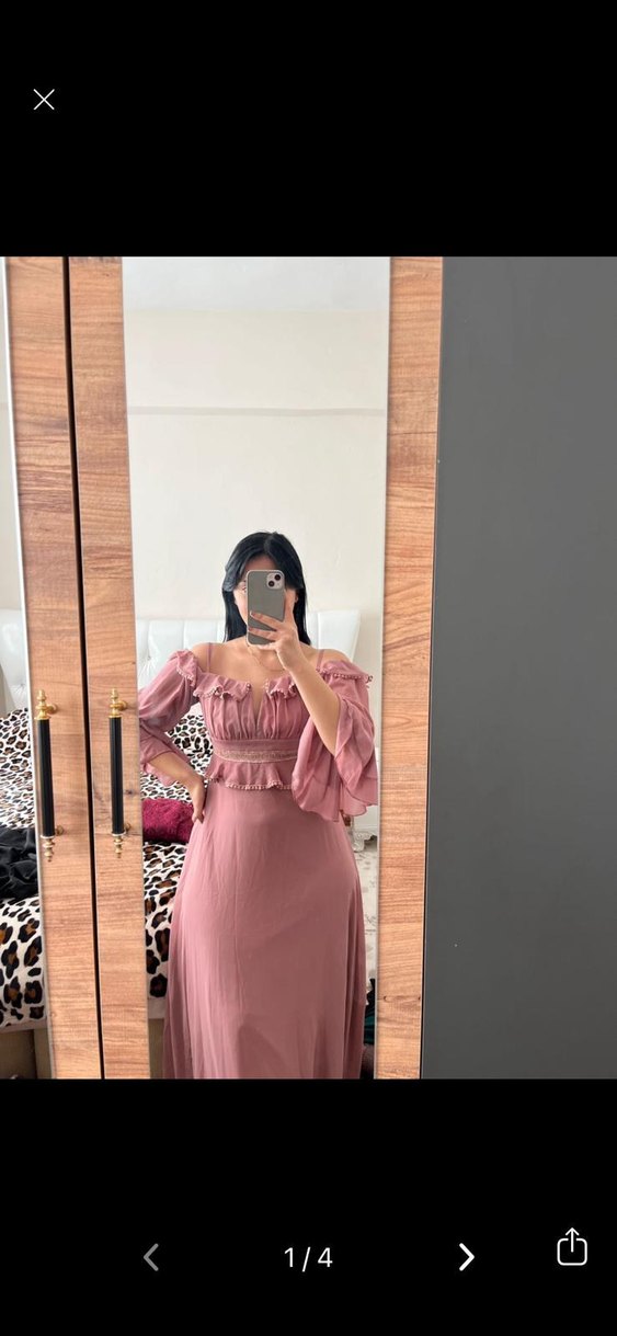 Pembe Bohem Uzun Elbise, Omuz Askılı, Fırfırlı - Görsel 4