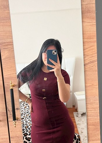 Bordo Düğmeli Uzun Kadın Elbise - Görsel 4