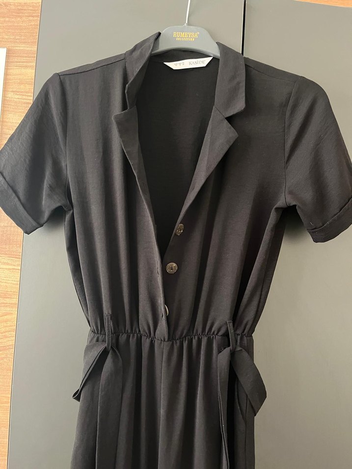 Düğmeli Siyah Kadın Uzun Tulum - Görsel 3