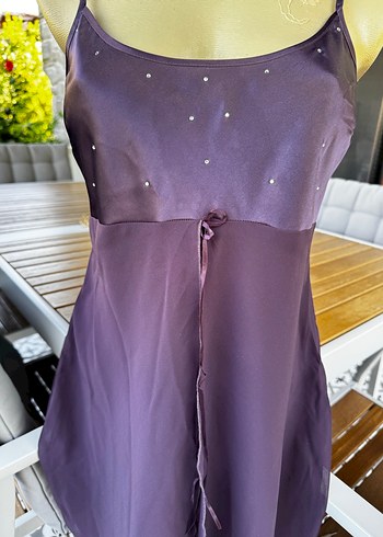 Parlak Mor Uzun İnce Askılı Gecelik - Görsel 5