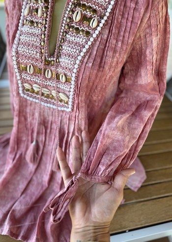 Derhy Boncuk İşlemeli Pembe Uzun Kollu Bohem Tunik