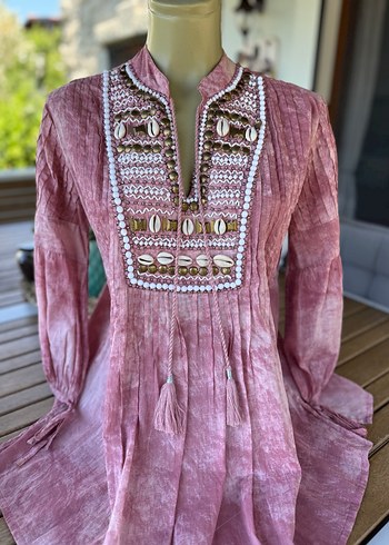 Boncuk İşlemeli Pembe Uzun Kollu Bohem Tunik