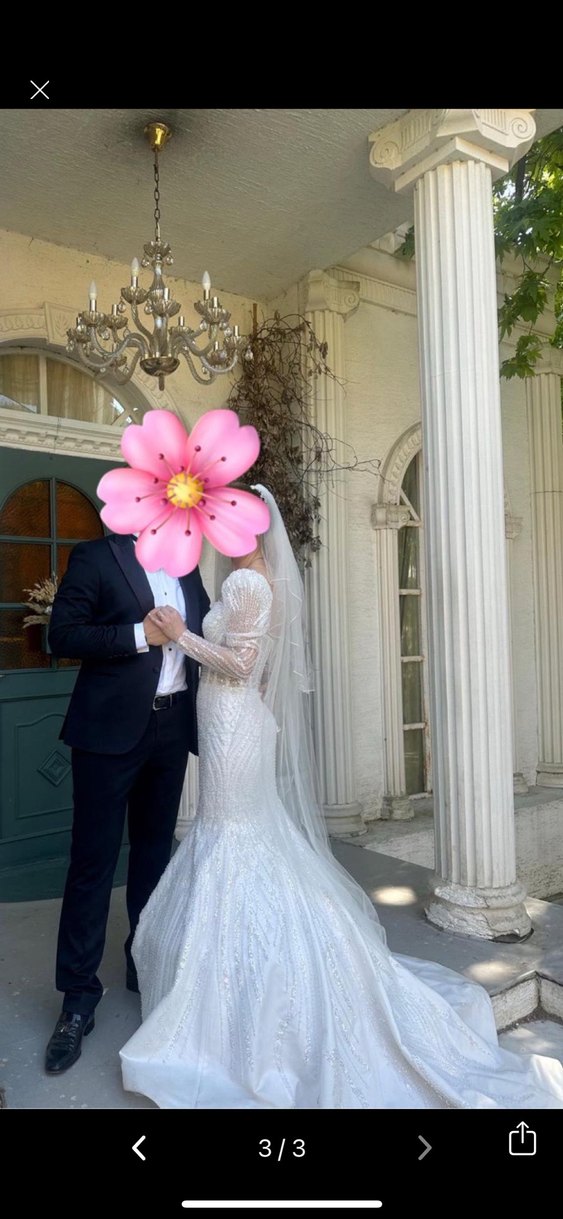 Uzun Kollu Beyaz Balık Gelinlik - Görsel 2