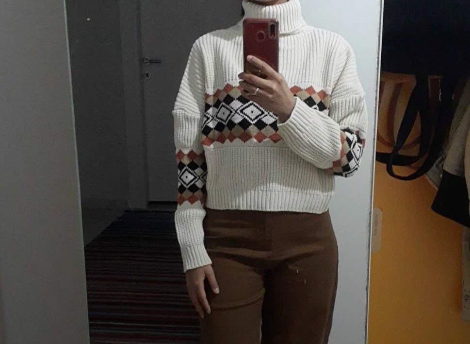 Kadın Balıkçı Yaka Baklava Desenli Triko Kazak - Görsel 3