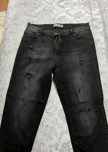 Siyah Bağcıklı Bol Kesim Kadın Kot Pantolon - Görsel 2