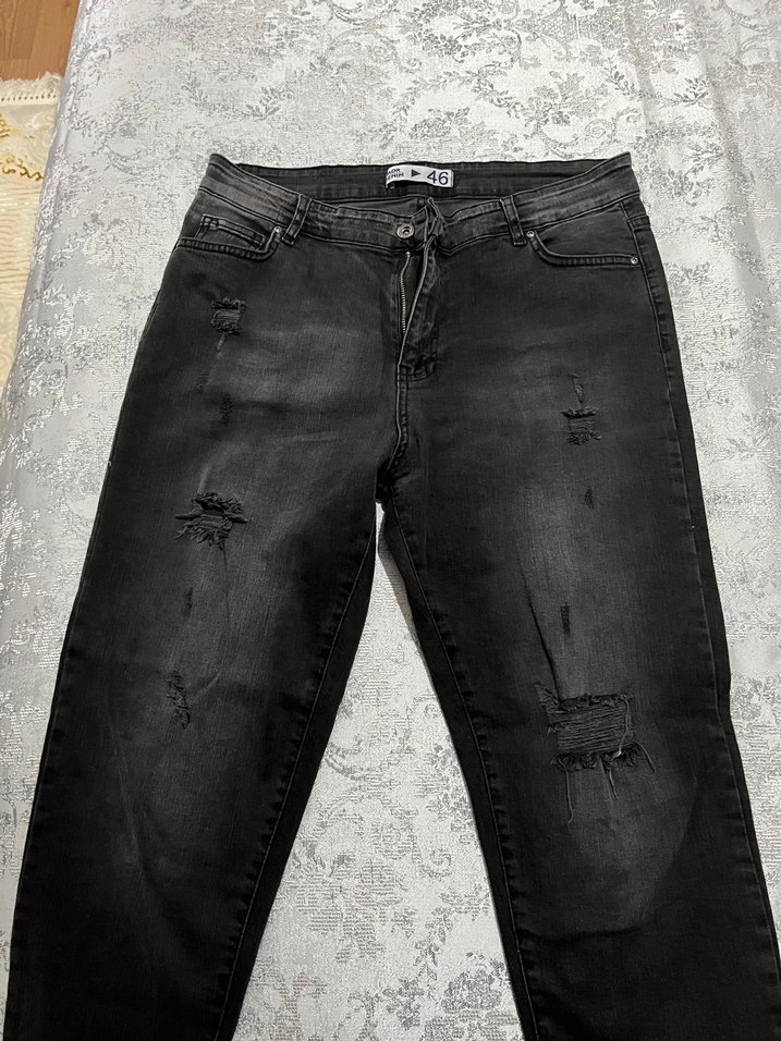 Siyah Bağcıklı Bol Kesim Kadın Kot Pantolon - Görsel 2