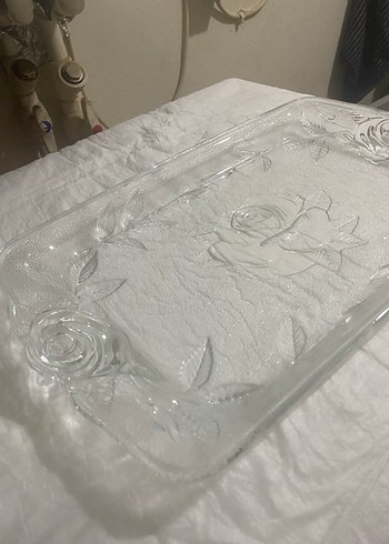 Beyaz Vintage Çiçek Desenli Cam Pasta Tabağı - Görsel 2