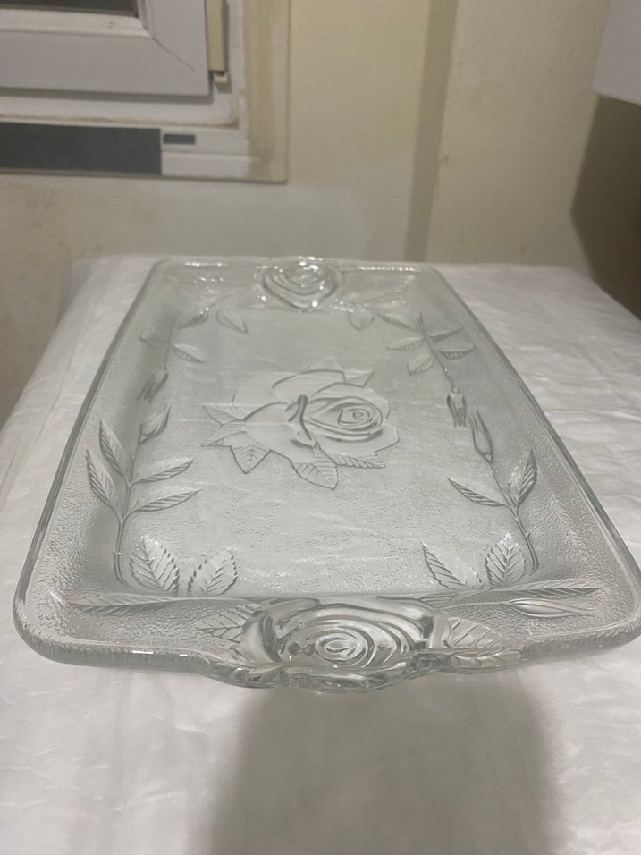 Beyaz Vintage Çiçek Desenli Cam Pasta Tabağı - Görsel 3