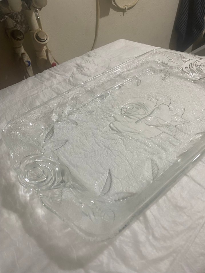 Beyaz Vintage Çiçek Desenli Cam Pasta Tabağı - Görsel 2