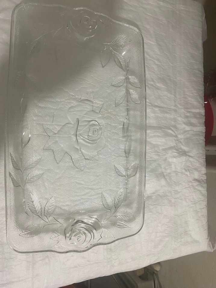 Beyaz Vintage Çiçek Desenli Cam Pasta Tabağı - Görsel 4