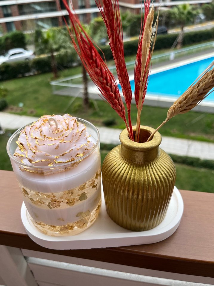 Altın Renkli Dekoratif Mum ve Vazolu Set - Görsel 4