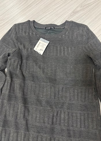 Gri Uzun Kollu Örme Kadın Elbise - Görsel 3