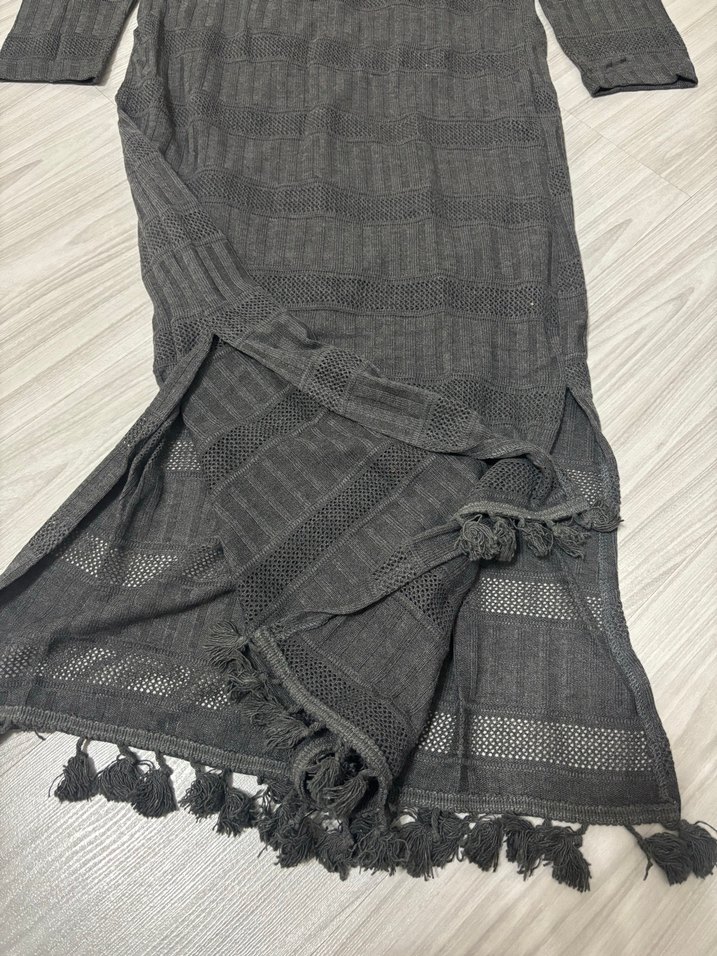 Gri Uzun Kollu Örme Kadın Elbise - Görsel 2