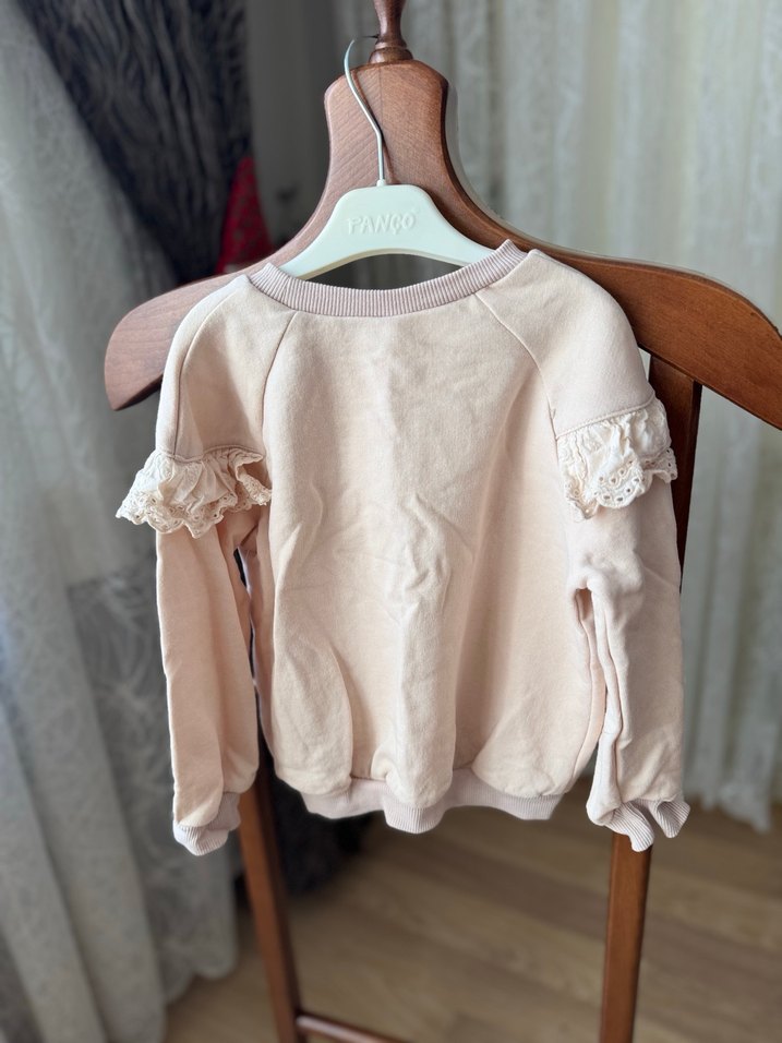 Nakışlı Fırfırlı Bej Kız Sweatshirt - Görsel 4