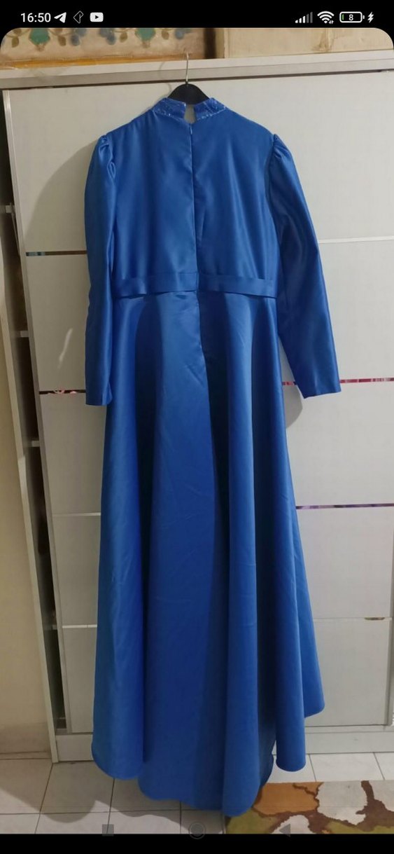 Uzun Kollu Lacivert Gotik Abiye Elbise - Görsel 4