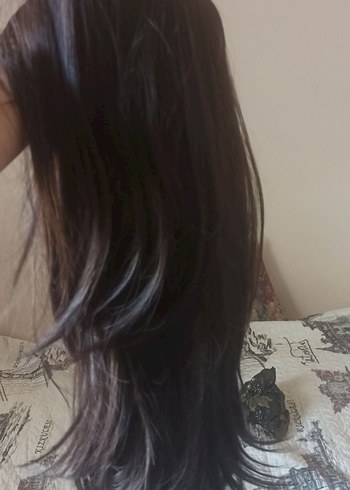 Siyah Uzun Sentetik Düz Peruk,katlı kesim , kahküllü - Görsel 4