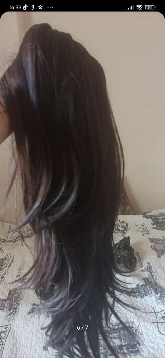 Siyah Uzun Sentetik Düz Peruk,katlı kesim , kahküllü - Görsel 4