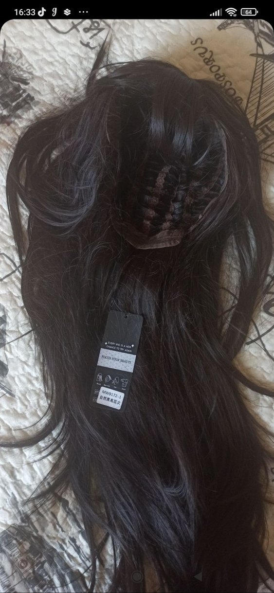 Siyah Uzun Sentetik Düz Peruk,katlı kesim , kahküllü - Görsel 3