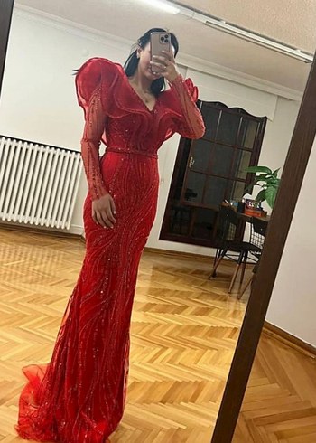 Alfabeta Drapeli Kırmızı Uzun Abiye Elbise