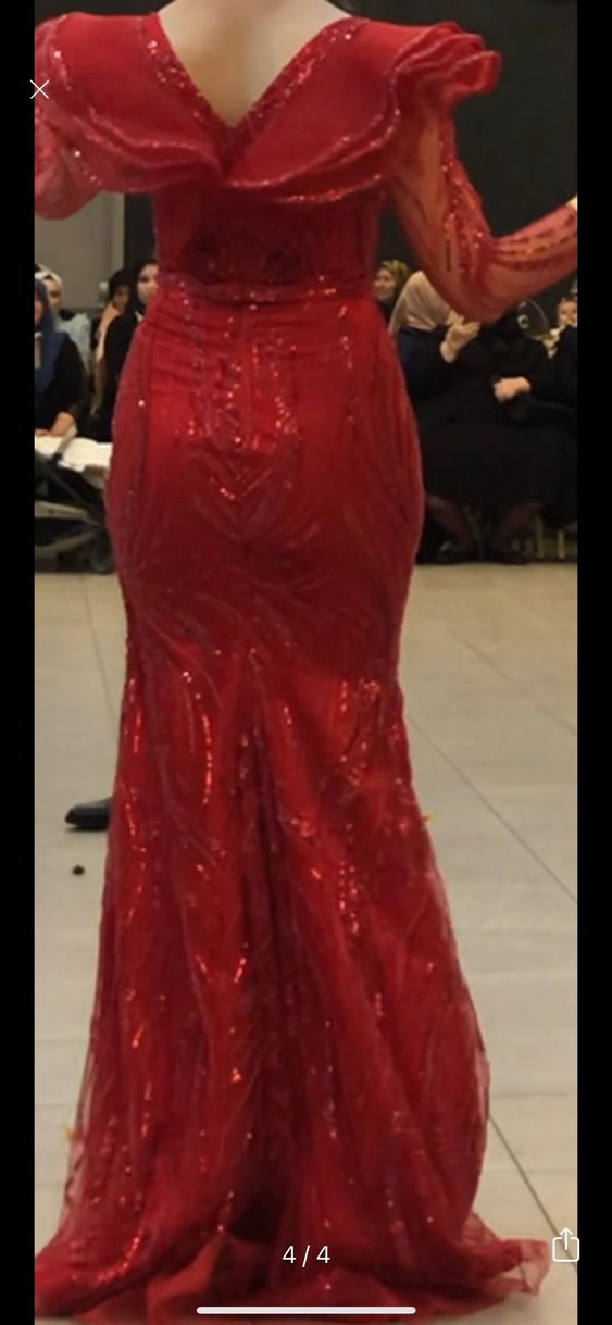 Drapeli Kırmızı Uzun Abiye Elbise - Görsel 4