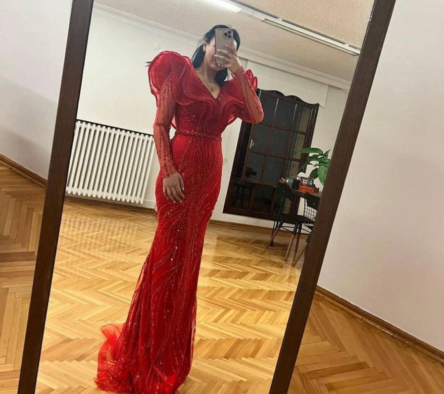 Drapeli Kırmızı Uzun Abiye Elbise - Görsel 2