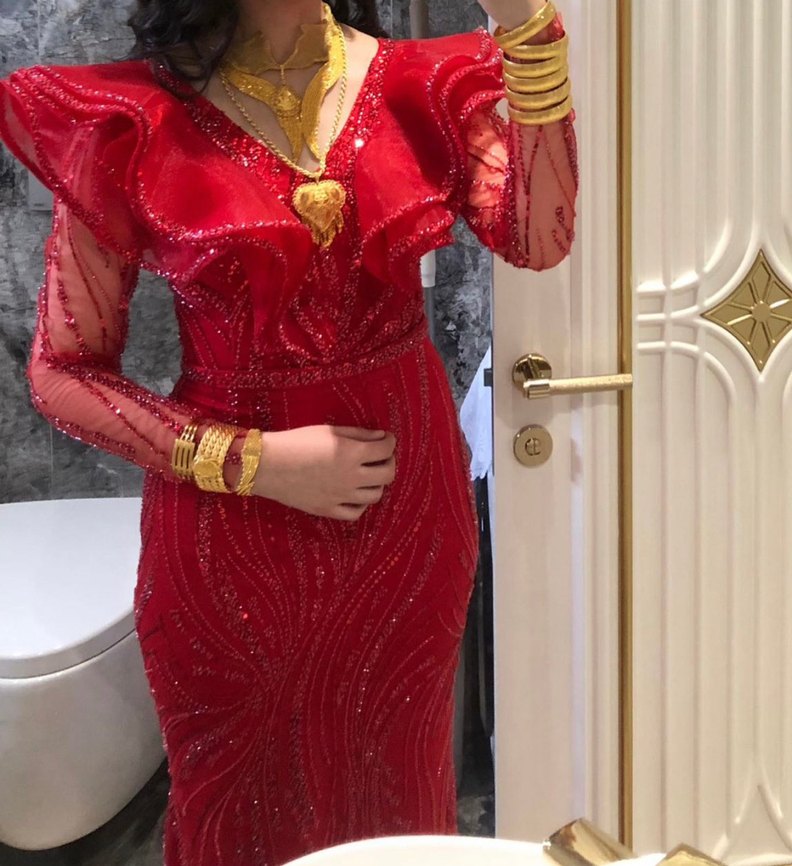 Drapeli Kırmızı Uzun Abiye Elbise - Görsel 3