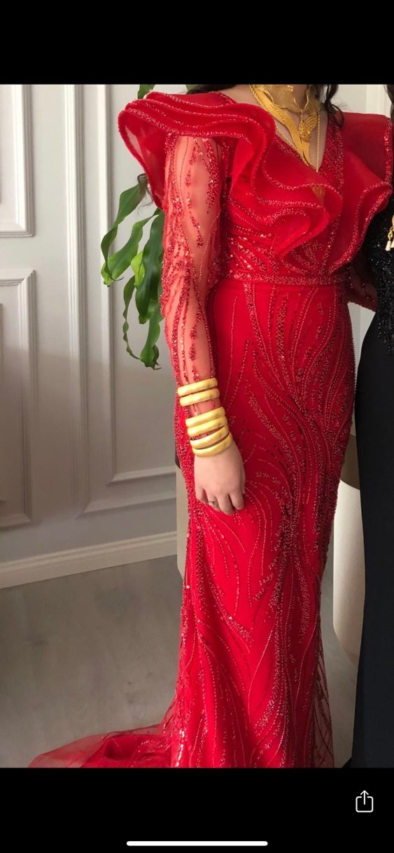 Drapeli Kırmızı Uzun Abiye Elbise - Görsel 5