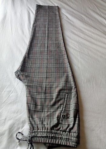 Gri Ekose Desenli beli astımlı Kumaş Pantolon
