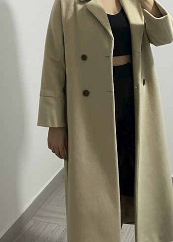 Düğmeli Bej Kadın Uzun Kaşe Kaban - Görsel 3